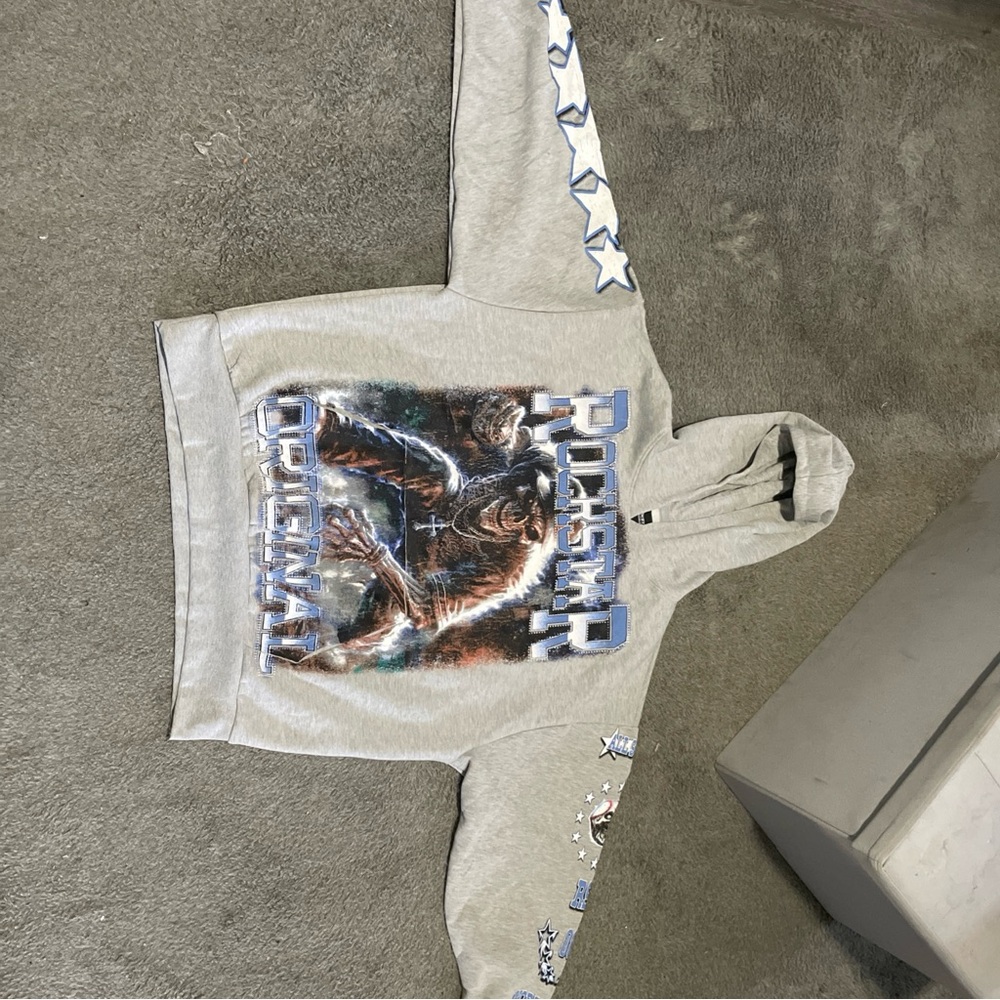 Gray Graphic Hoodie with Star Accents